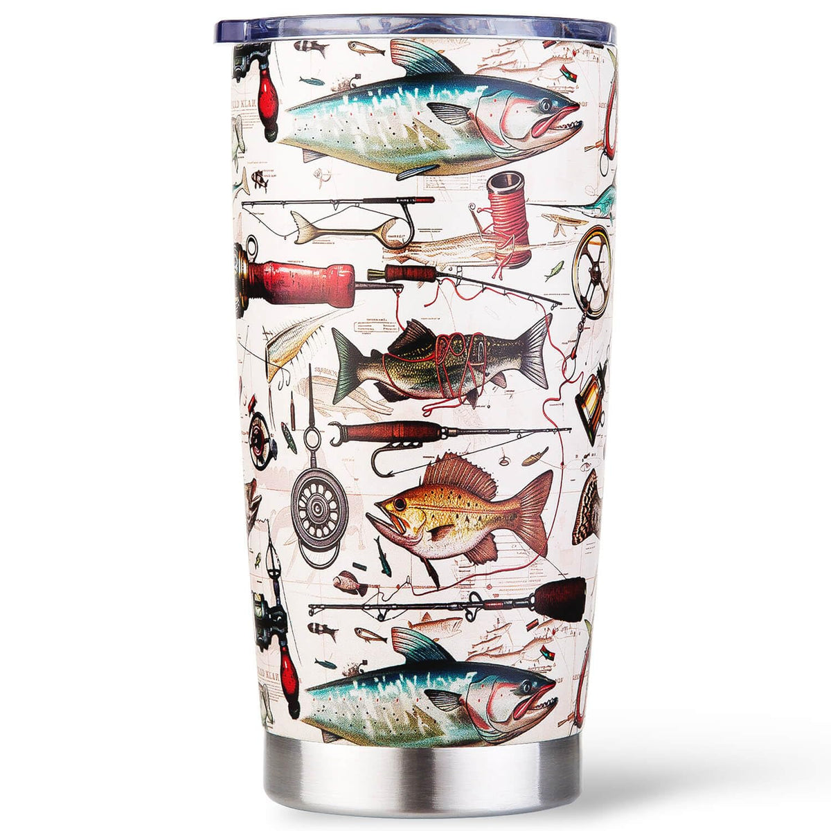 Amutta fish mug pattern close-up showing fish, rods, lures for anglers