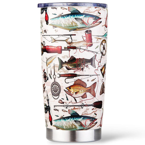 Amutta fish mug pattern close-up showing fish, rods, lures for anglers