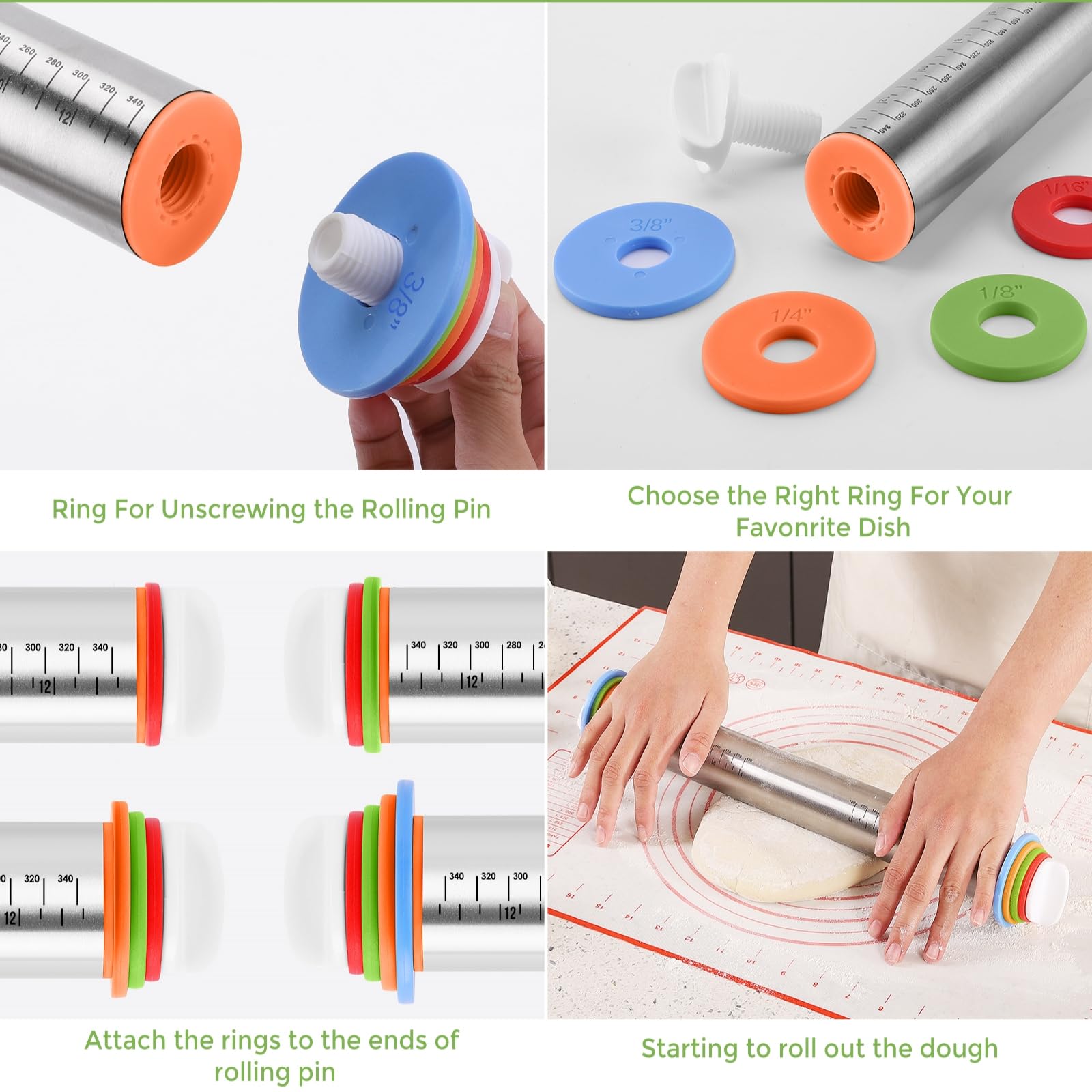 AMUZHI adjustable thickness rings with four size options for precise dough thickness.