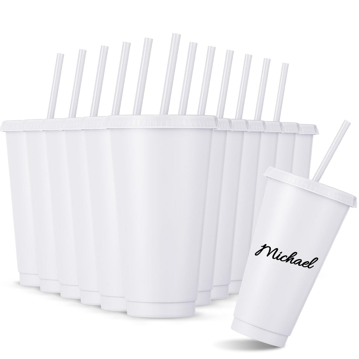 Amyhill 12-pack reusable cups with lids and straws, white, ideal for everyday use