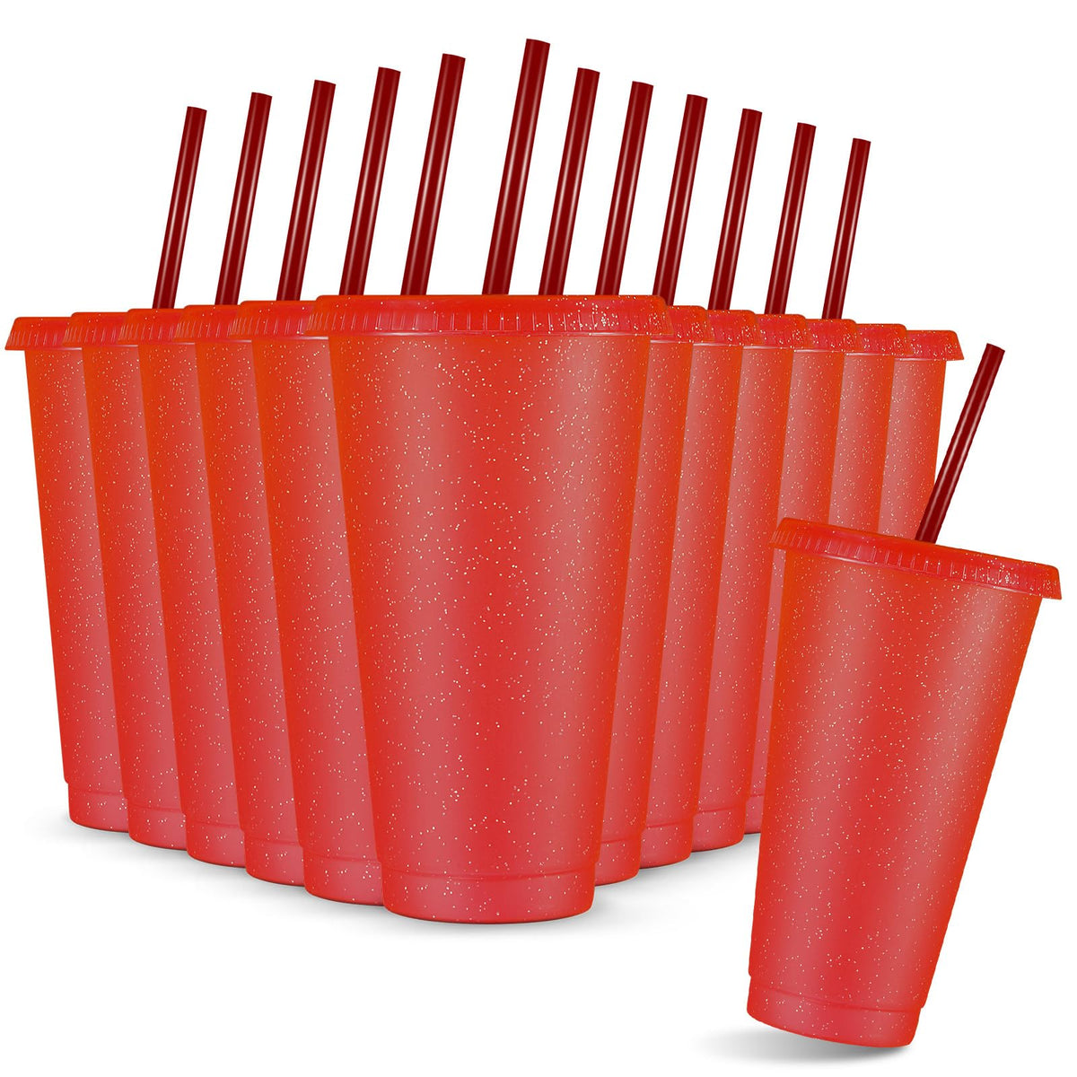 Amyhill glitter cups red 12-pack with lids and straws for party beverages.