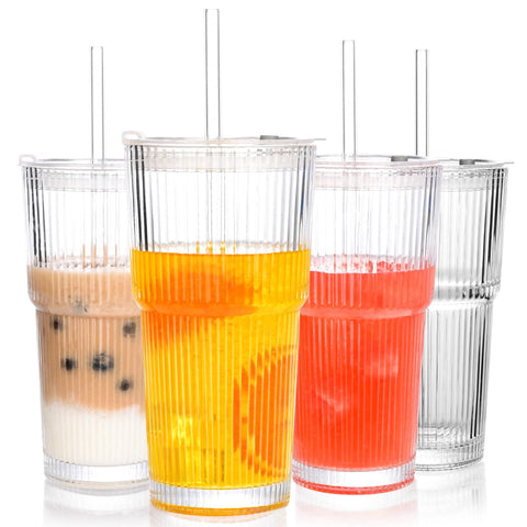 Amyoole 20 oz ribbed glass tumbler on a clean surface for iced beverages on the go