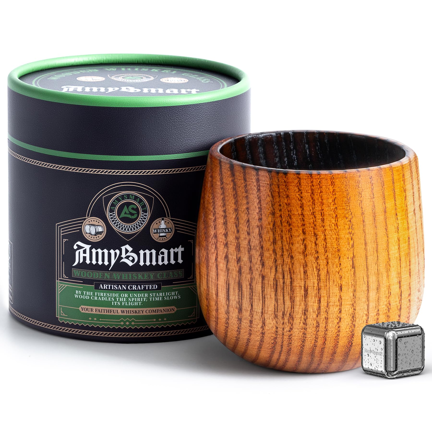 Amysmart charred wooden whiskey glass front view for home bars