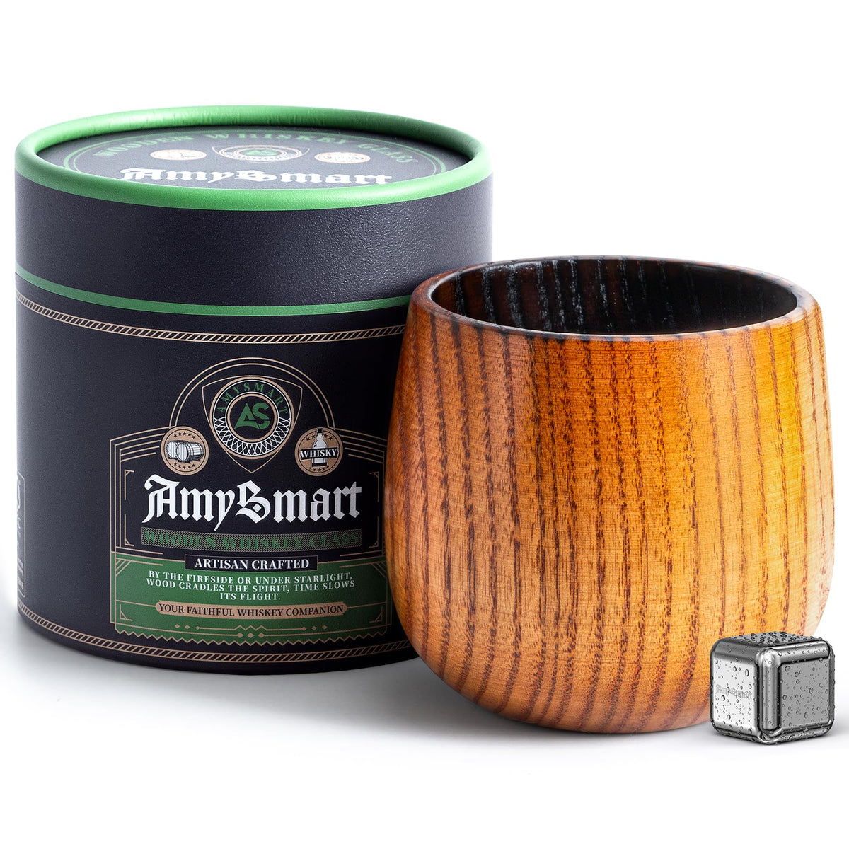 Amysmart charred wooden whiskey glass front view for home bars