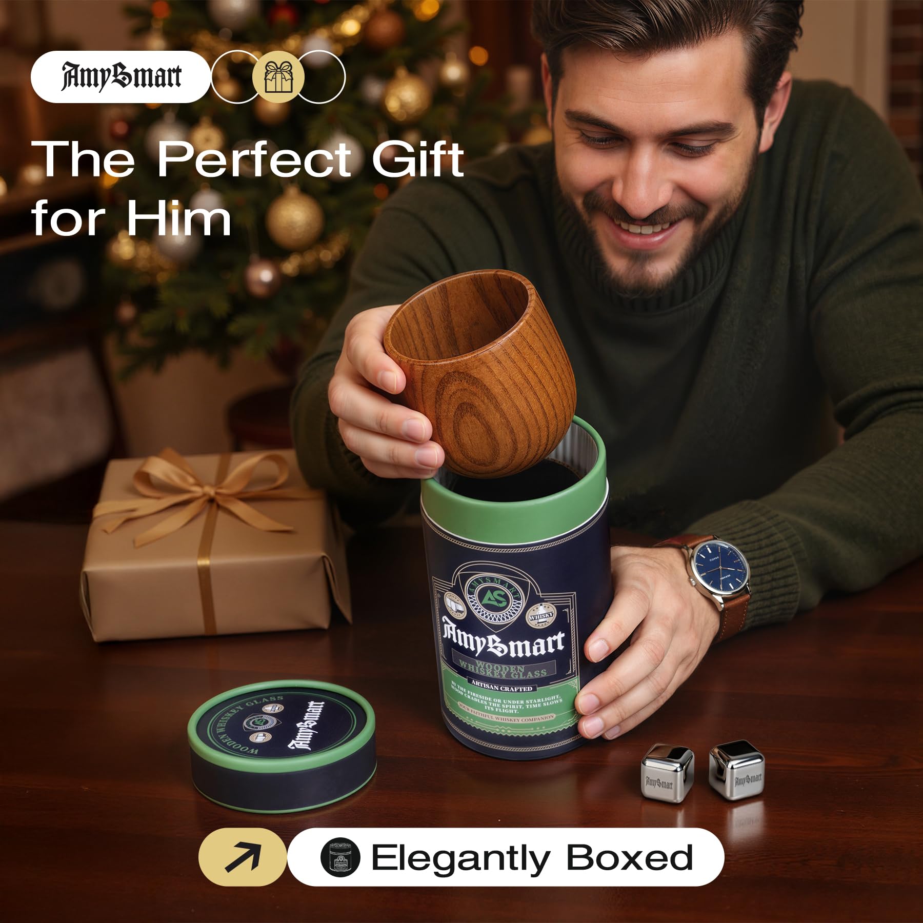 Amysmart charred wooden whiskey glass next to gift tube