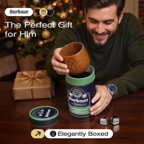 Amysmart charred wooden whiskey glass next to gift tube