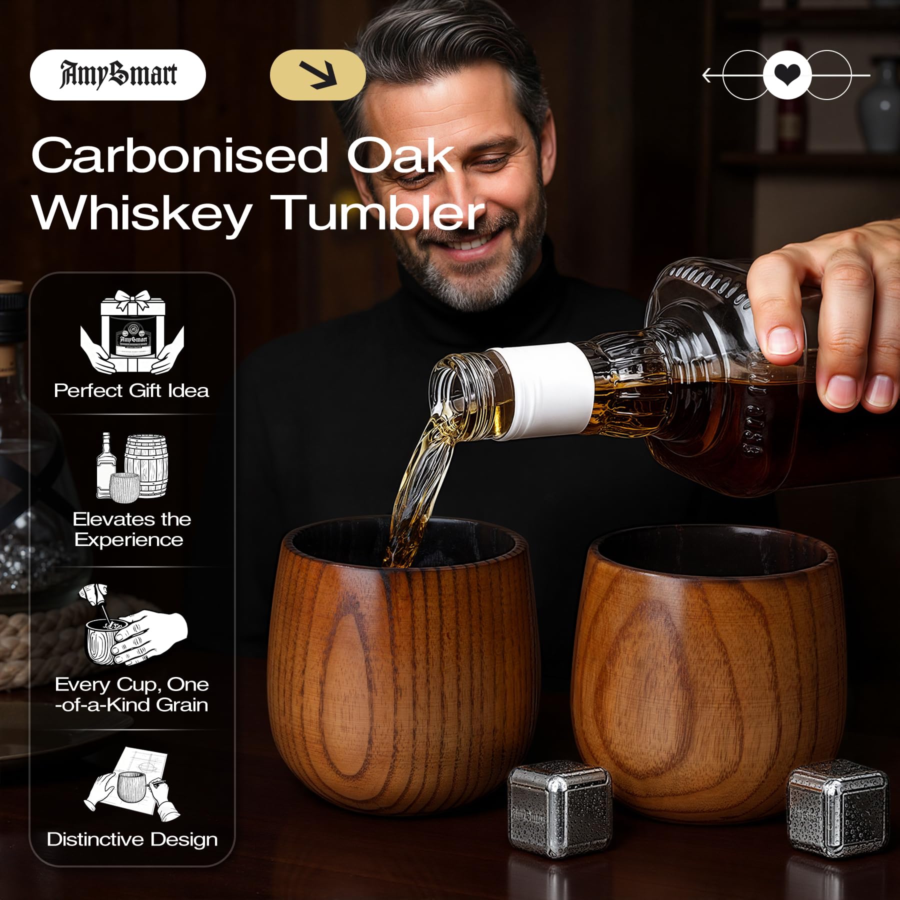 Amysmart charred wooden whiskey glass interior with charred finish