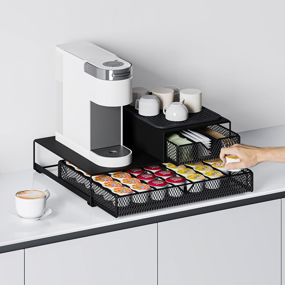 AmzAge Coffee Maker Countertop Organizer lower layer capsules neatly stored up to 60 capsules