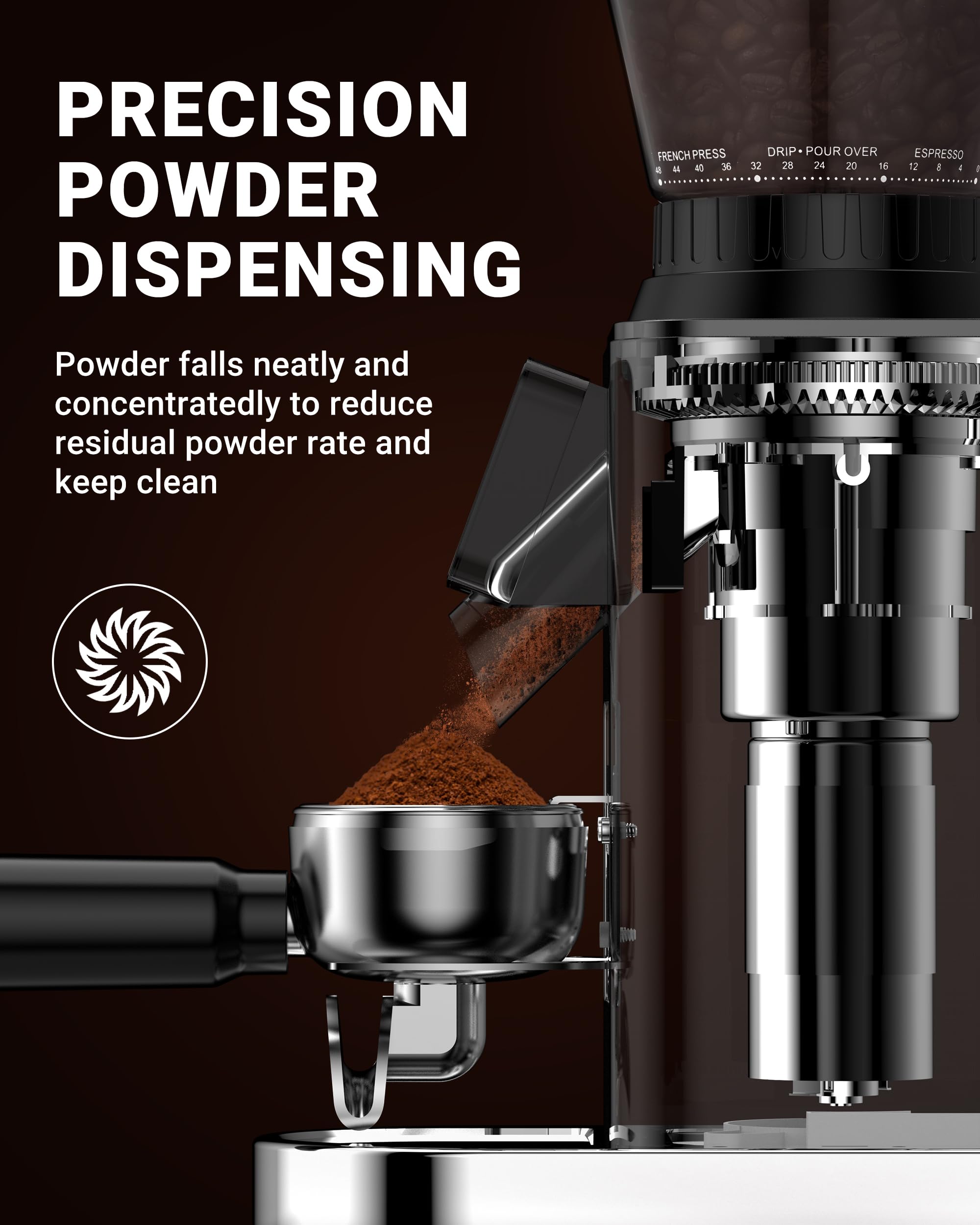 AMZCHEF 50 mm portafilter holder keeps the setup stable during grinding.