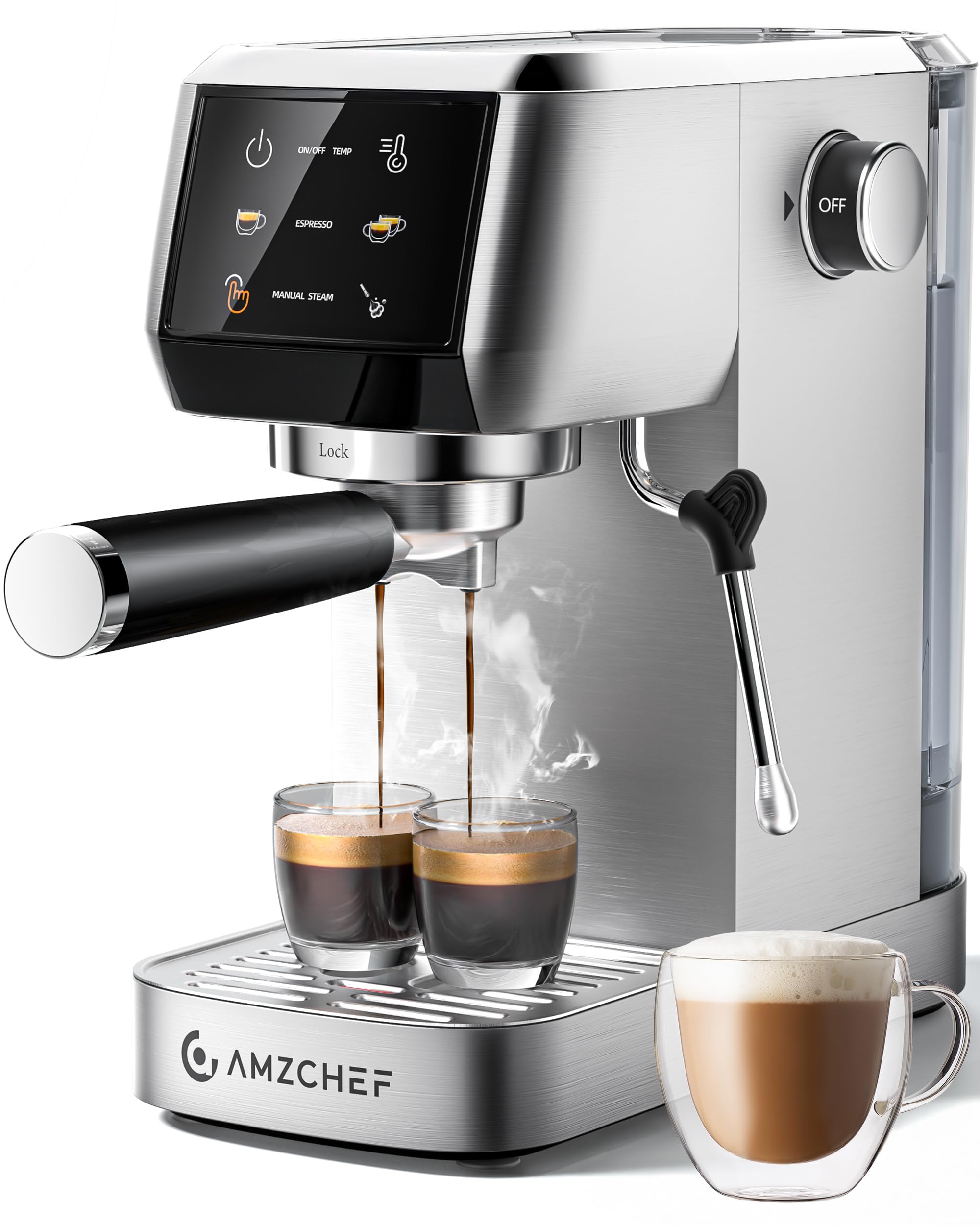AMZCHEF 51mm espresso machine front view for a compact home cafe with rich crema potential.