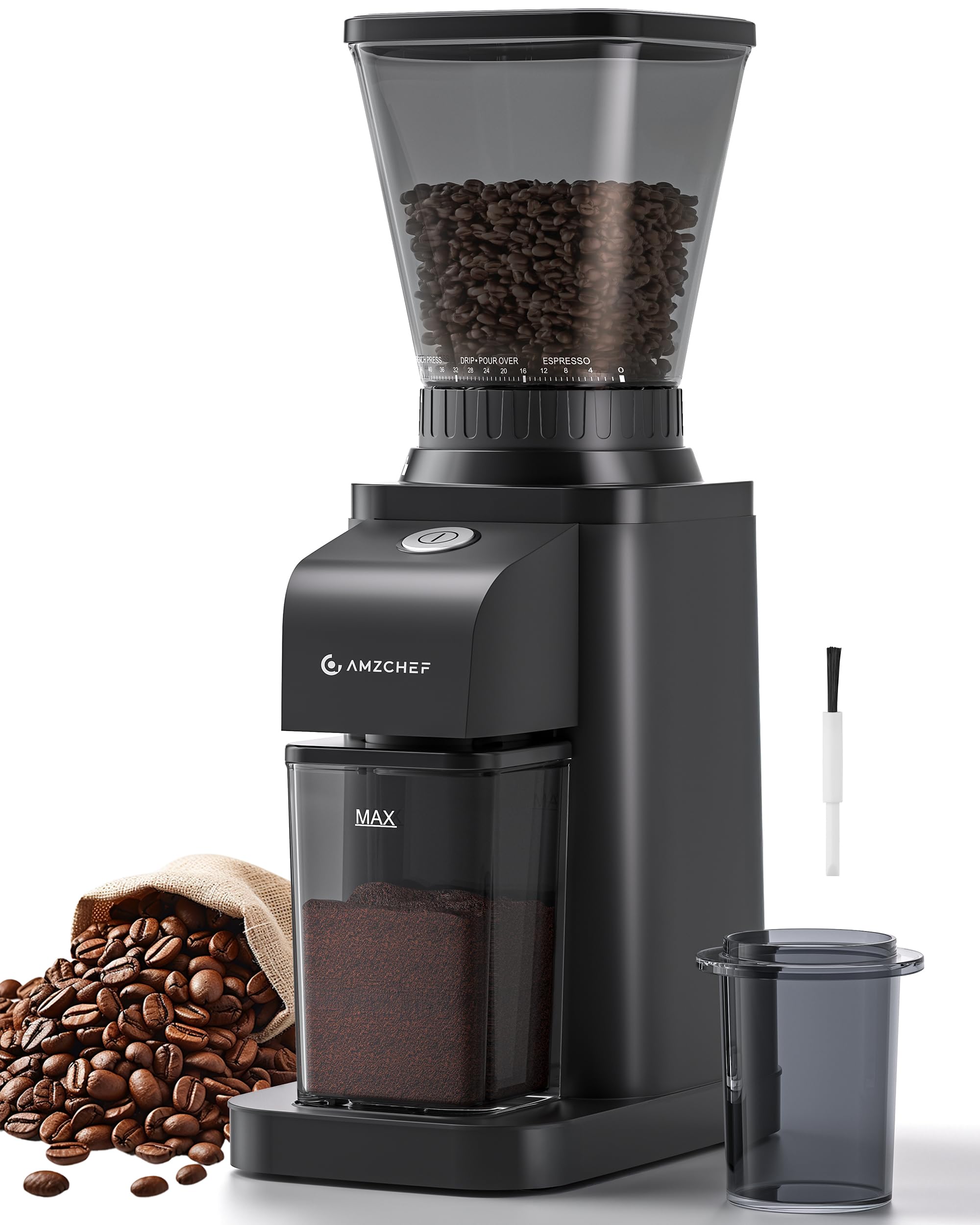 AMZCHEF anti-static grinder reduces coffee dust for cleaner counters.