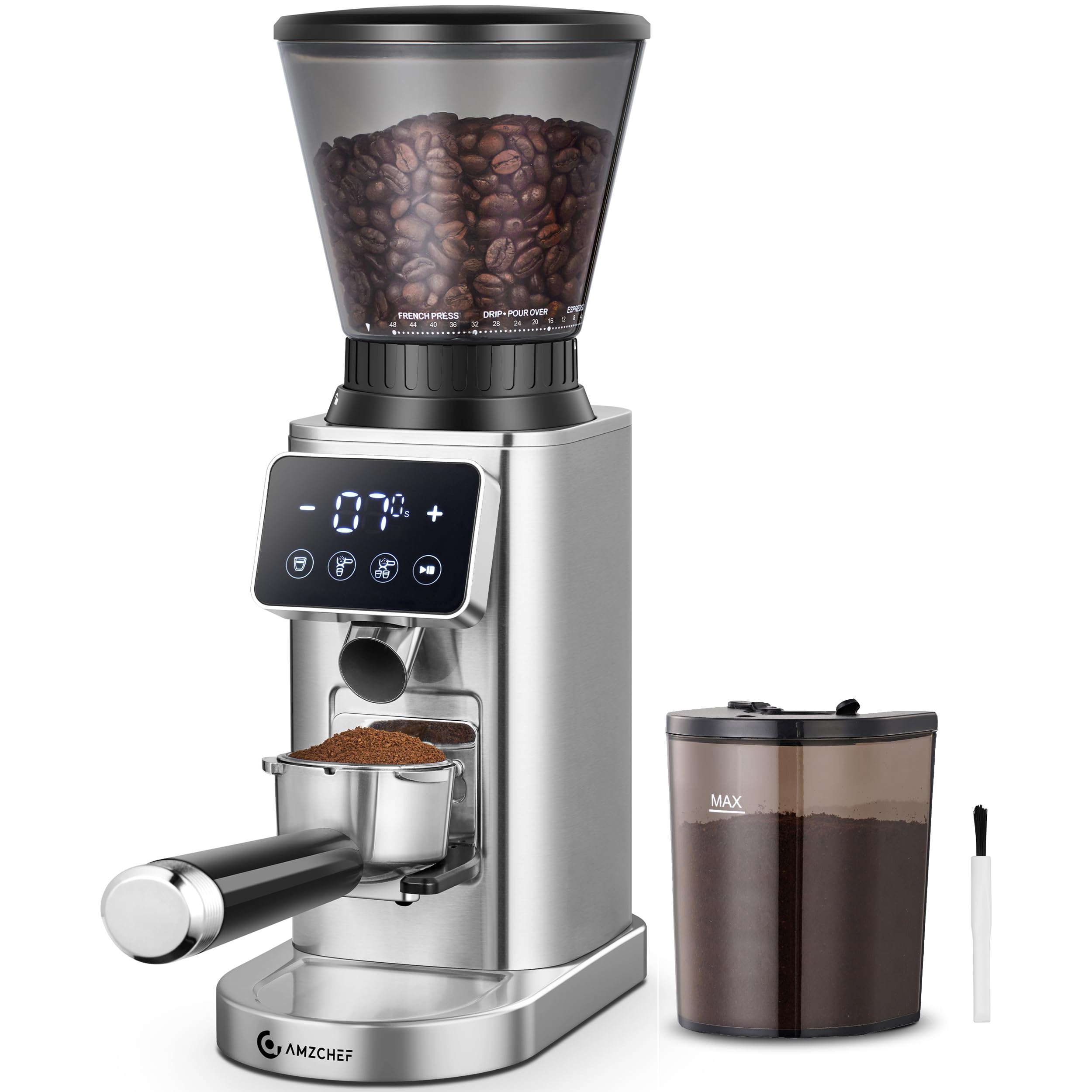 AMZCHEF burr coffee grinder with LED panel delivers precise, consistent grinding for home brews.