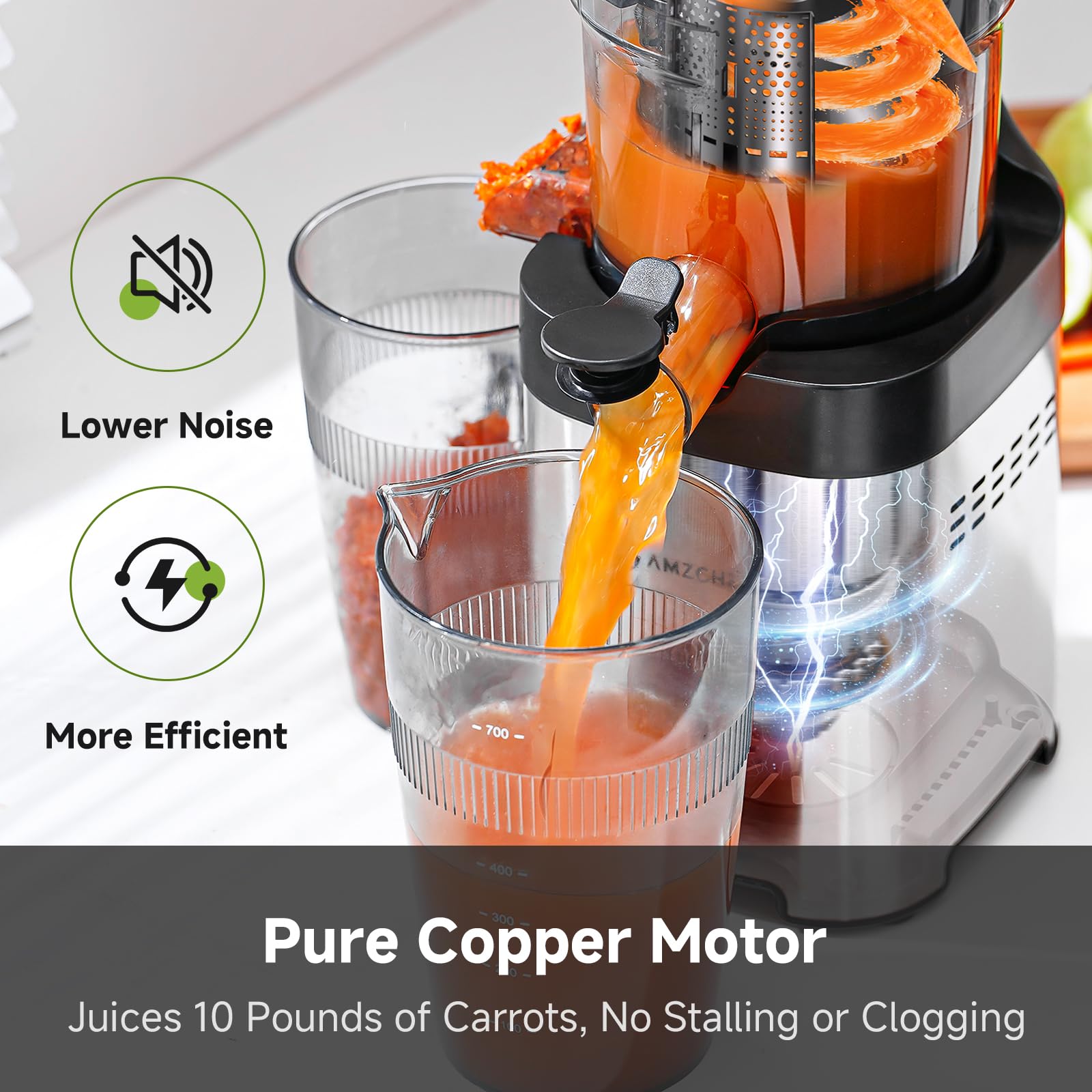 AMZCHEF triple strainer system delivers cleaner juice with less pulp