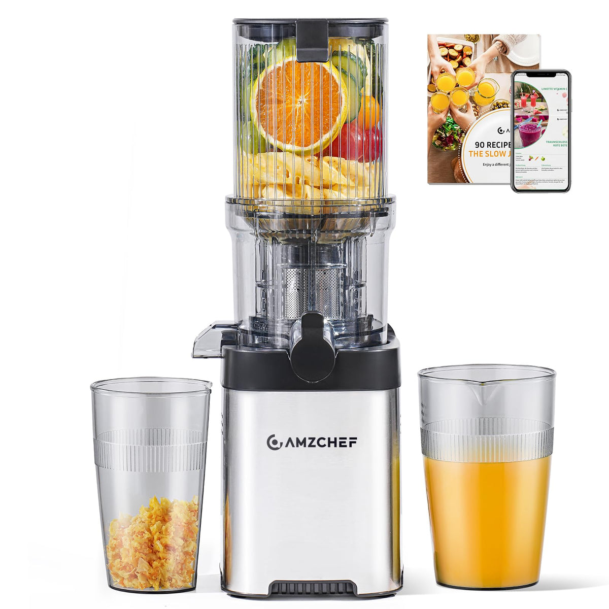 AMZCHEF Cold Press Juicer wide mouth loading whole fruits for easy prep