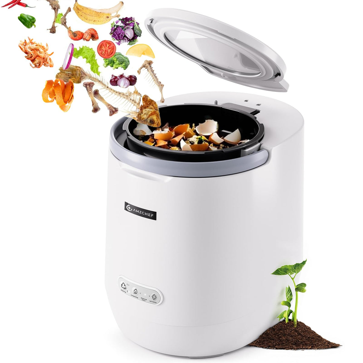 AMZCHEF Electric Composter top view highlights its 4L capacity for kitchen waste.