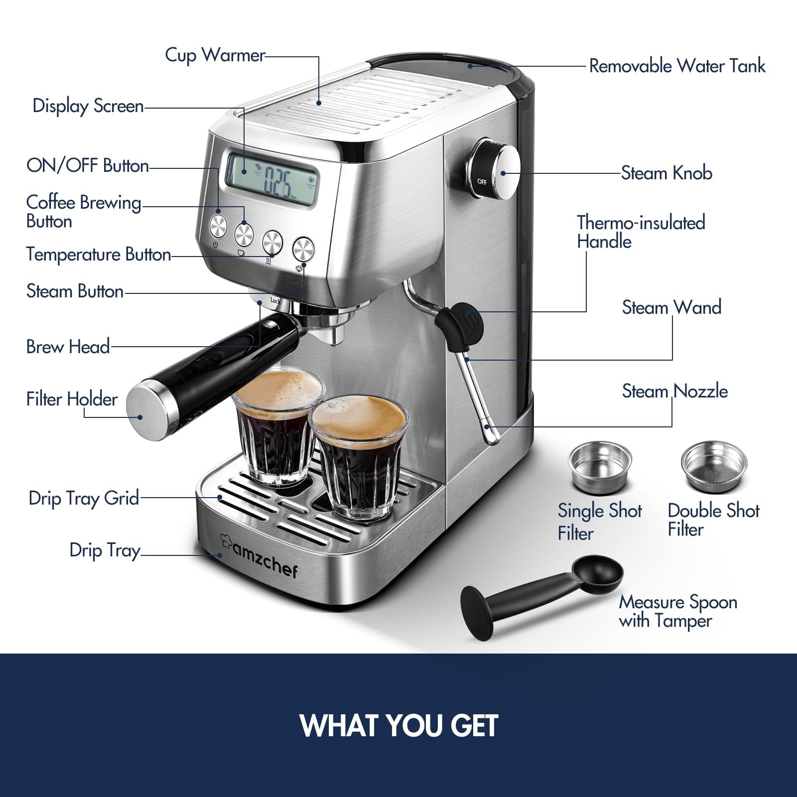 AMZCHEF stainless steel filter set supports single or double shots