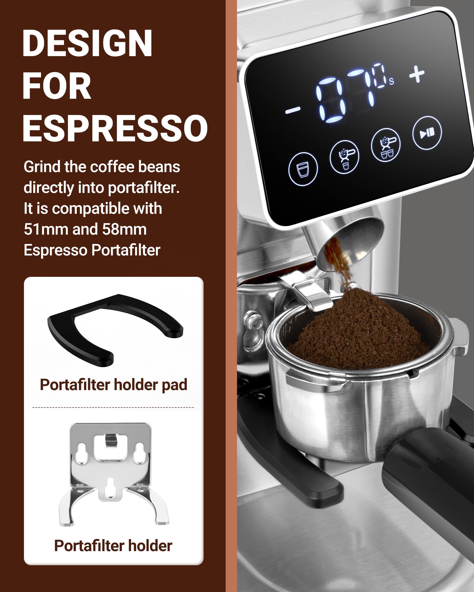 AMZCHEF grinder ready for espresso shots with 50 mm portafilter compatibility.