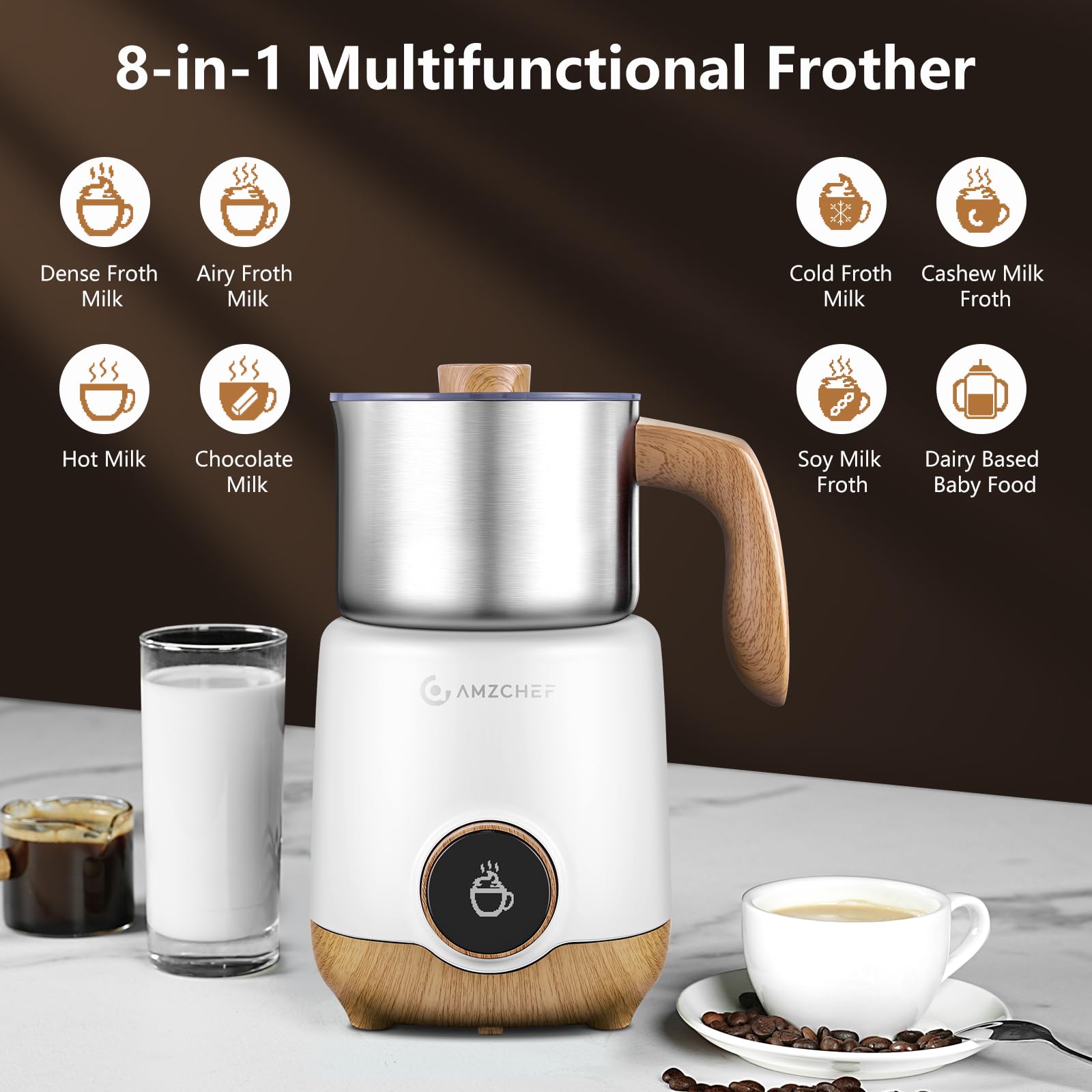 AMZCHEF induction heating for even warming and consistent froth.