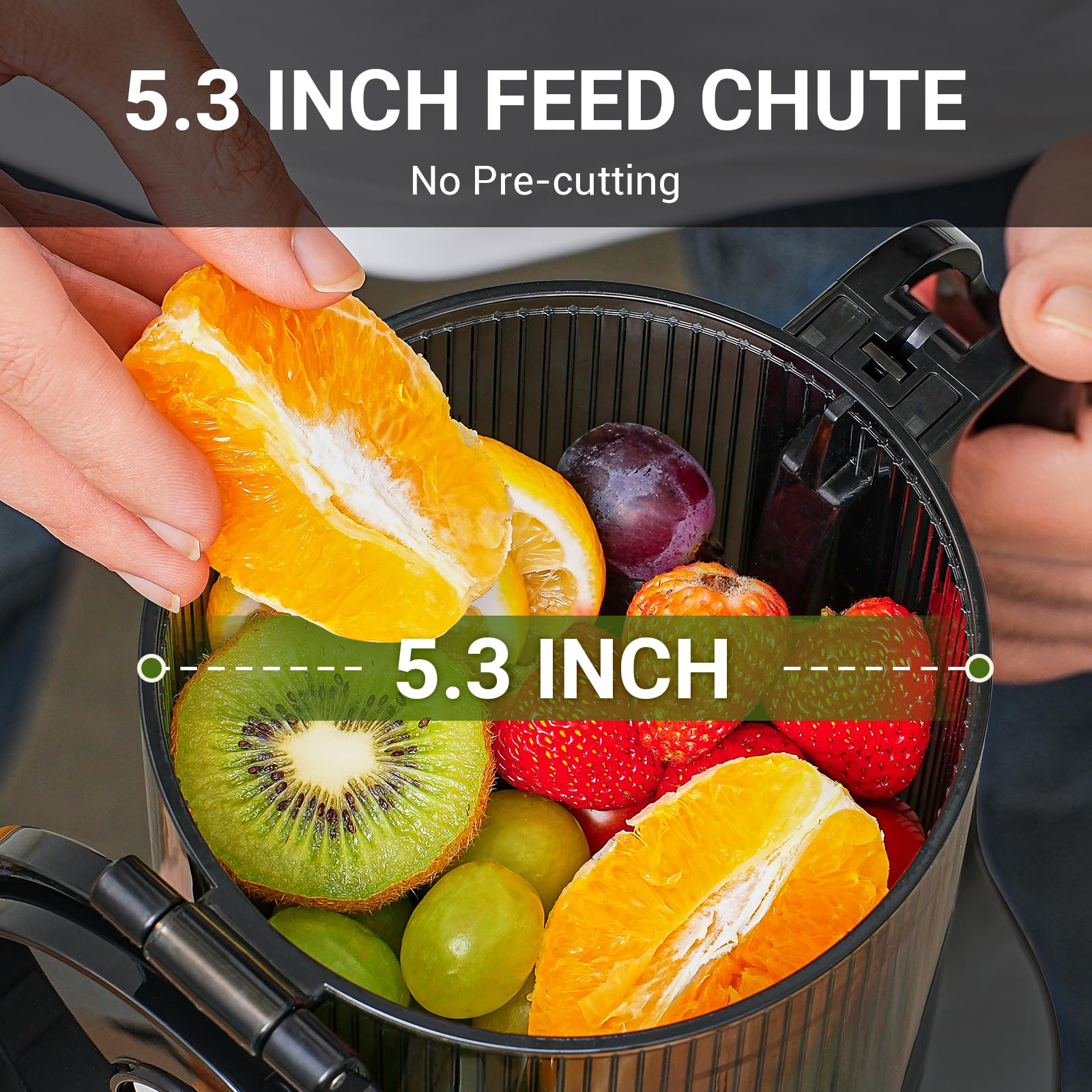 AMZCHEF juicer operating at 60 RPM for nutrient-rich, smooth juice.