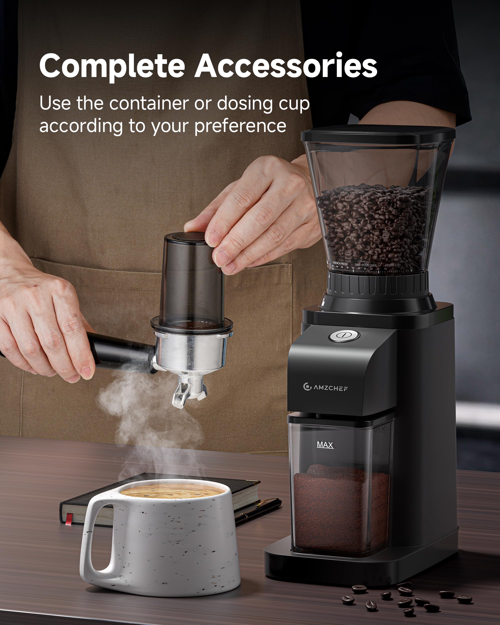 AMZCHEF grinder on a kitchen counter during coffee prep.
