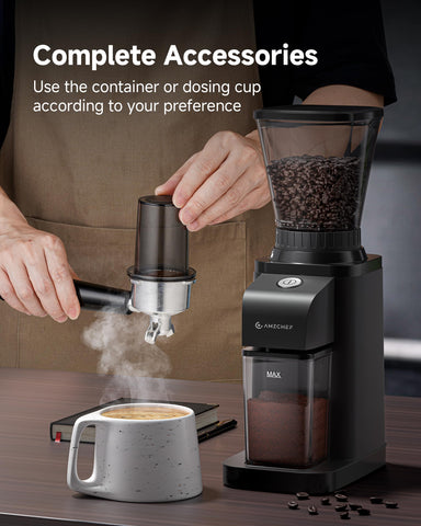 AMZCHEF grinder on a kitchen counter during coffee prep.