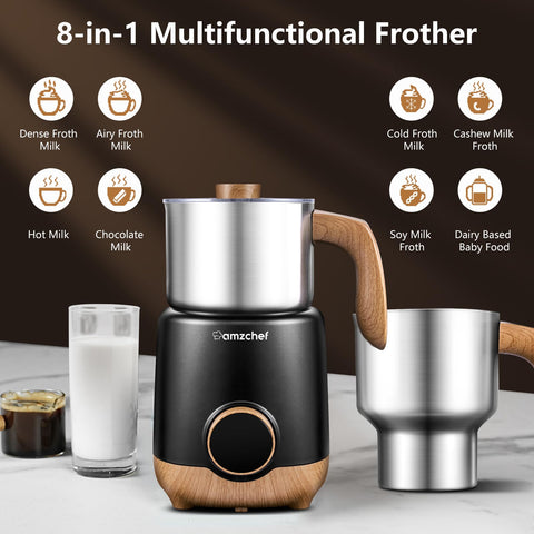 Close-up of dense foam from AMZCHEF 8-in-1 milk frother.