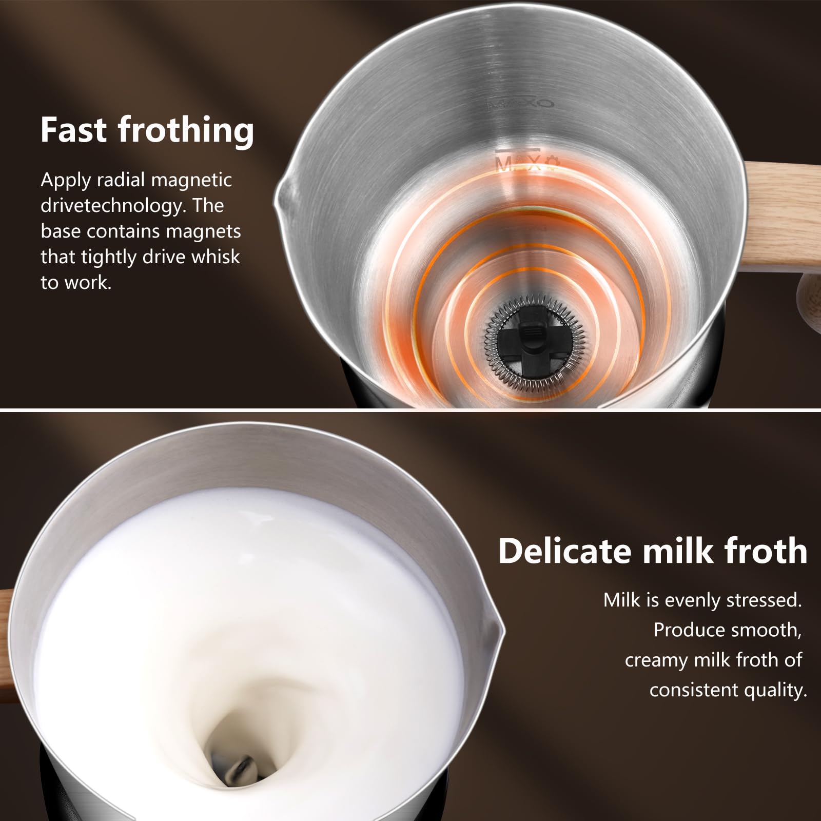 AMZCHEF frother showing OLED display and control knob.