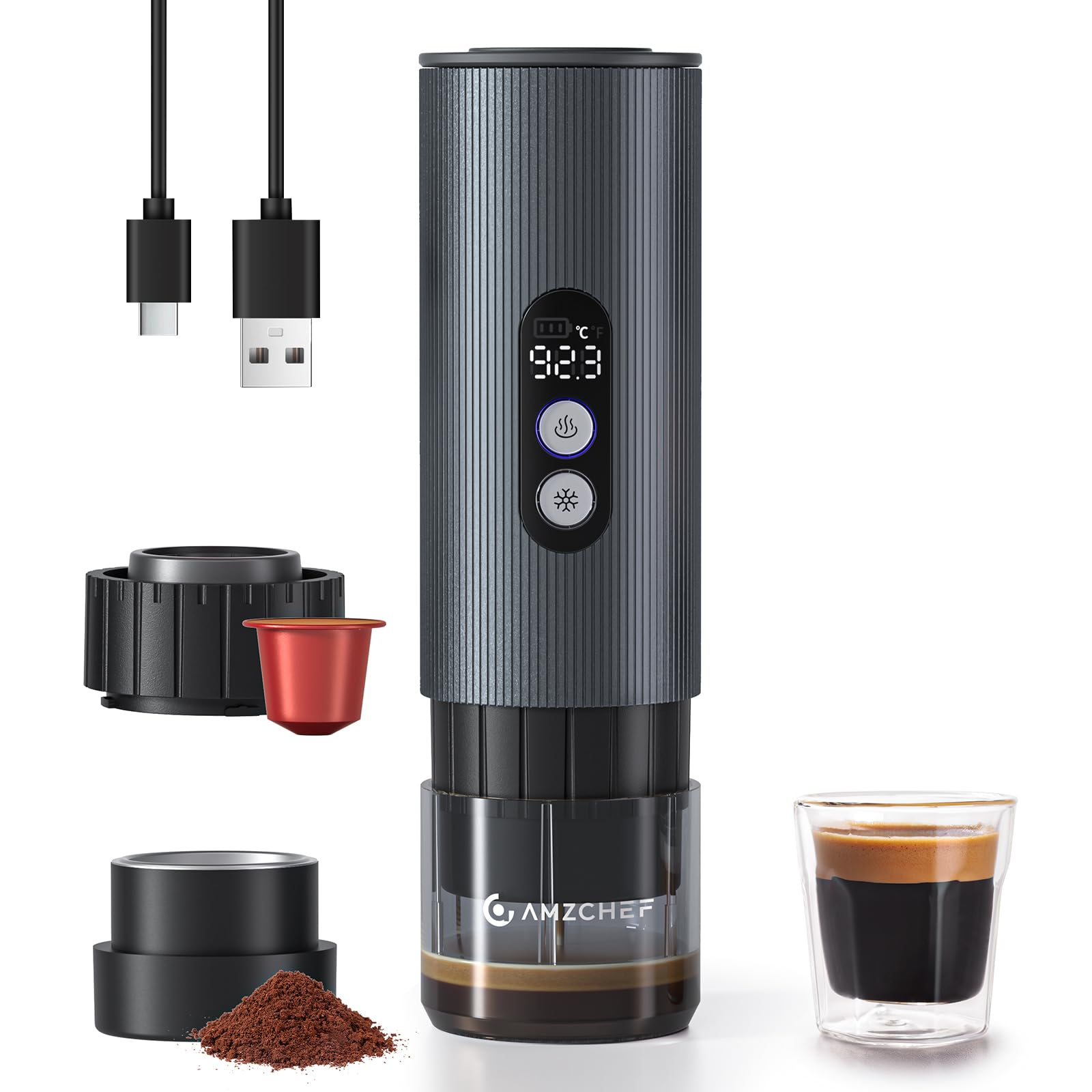 AMZCHEF portable coffee maker powered by 9000mAh battery for on the go brewing.