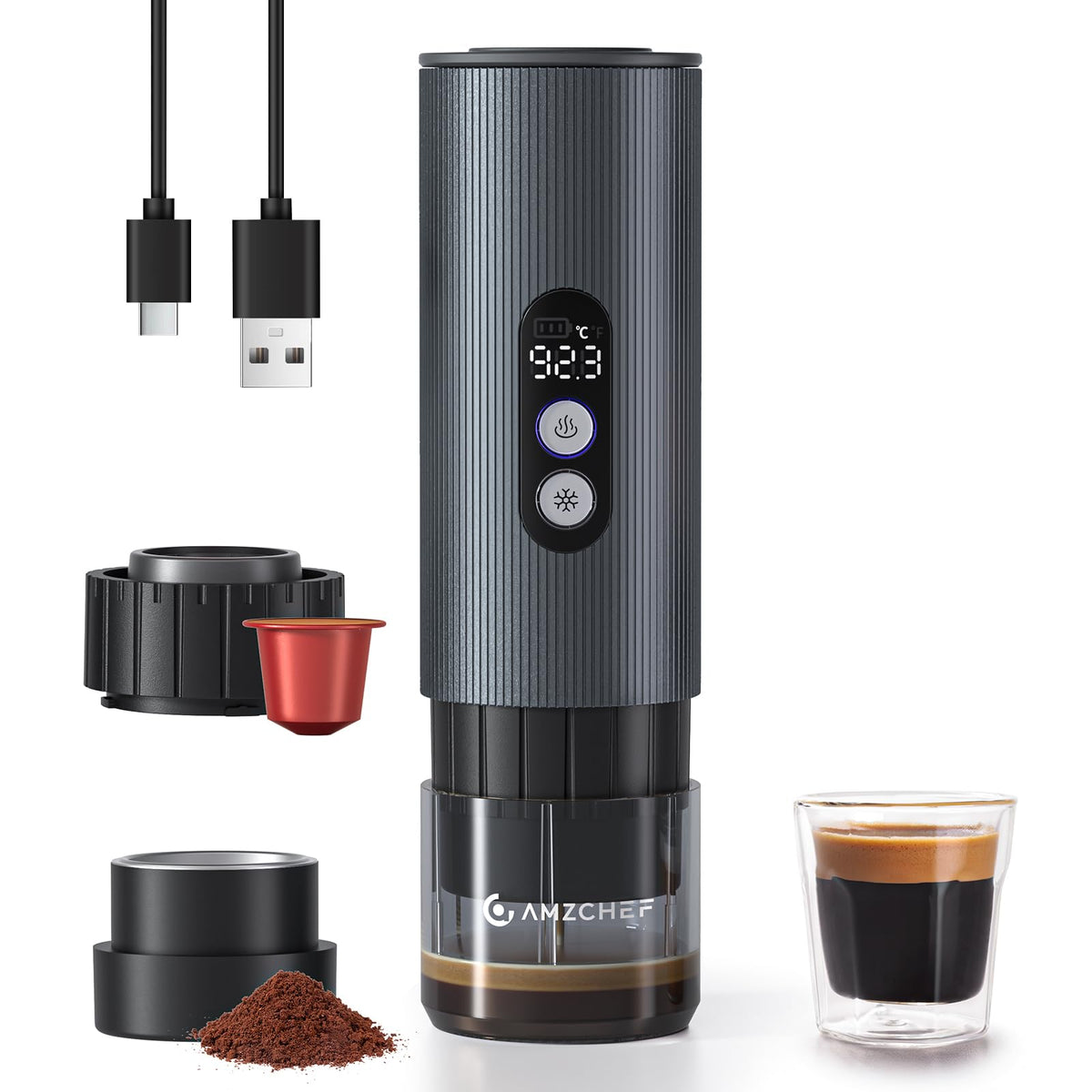AMZCHEF portable coffee maker powered by 9000mAh battery for on the go brewing.