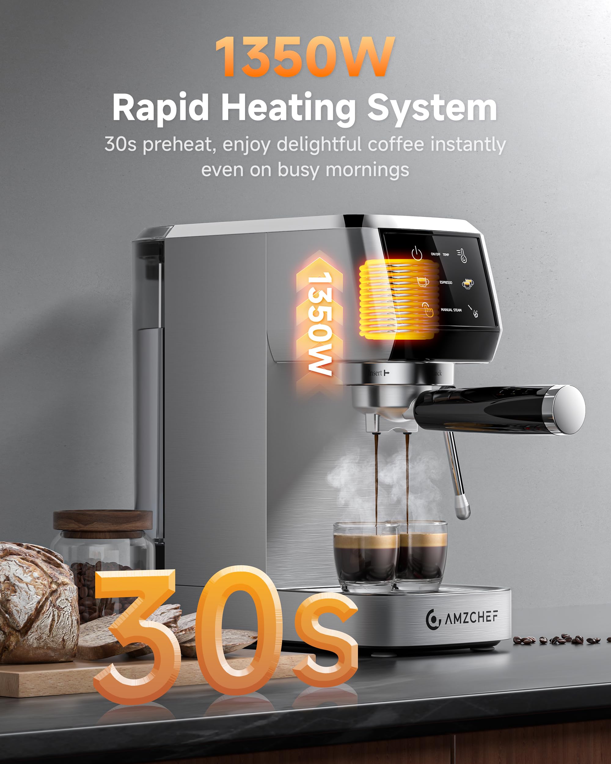 AMZCHEF 44oz removable water tank simplifies refills during busy mornings at home.