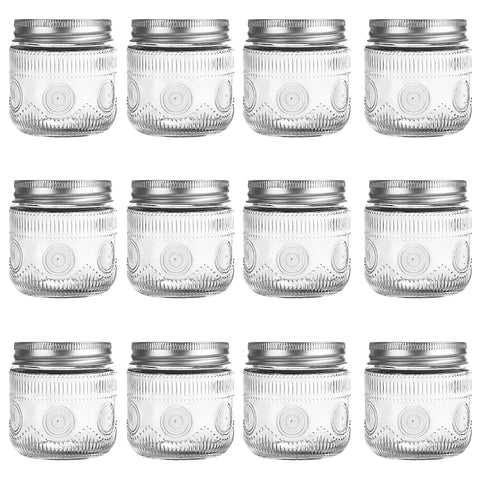 Amzcku 8 oz vintage mason jar with lids showing the fluted body and practical use