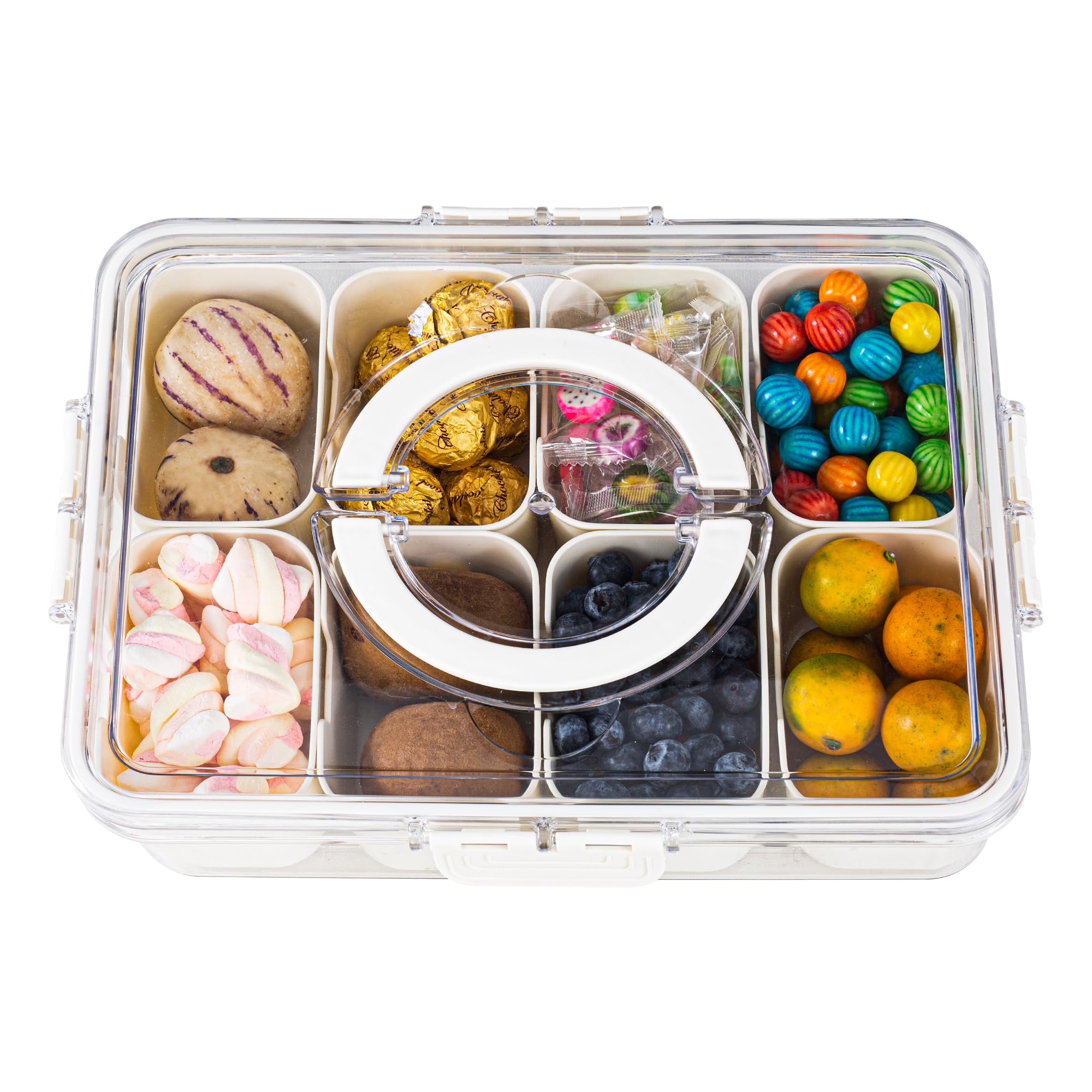 Amzcku divided serving tray with lid and handle for organized snacks and easy transport.
