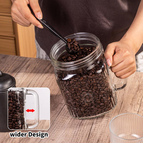 Amzcku glass jar with handle for easy transport from fridge to counter.