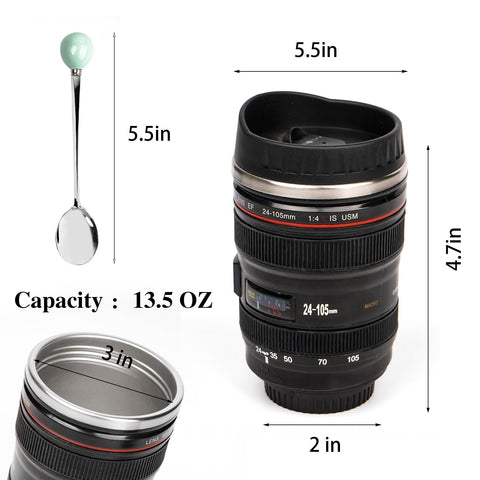 AMZHUB camera lens mug in insulated stainless steel keeps beverages warm.