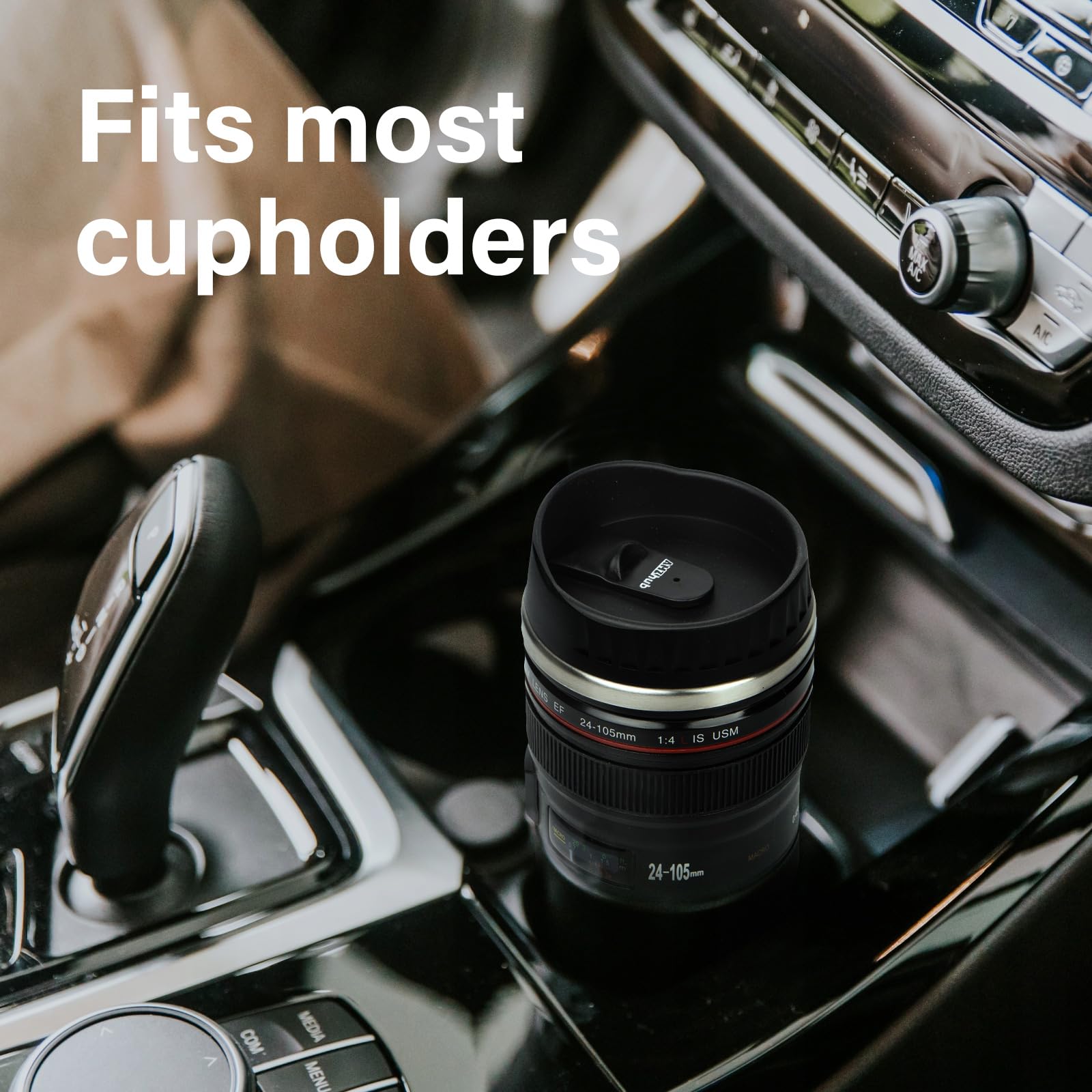 AMZHUB camera lens mug with retractable lid for easy sipping.