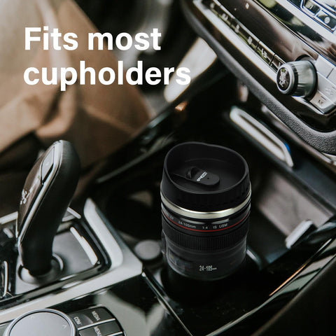 AMZHUB camera lens mug with retractable lid for easy sipping.