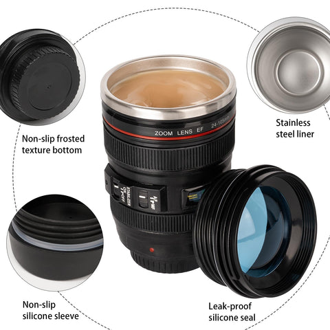 AMZHUB camera lens mug includes spoon for easy stirring.