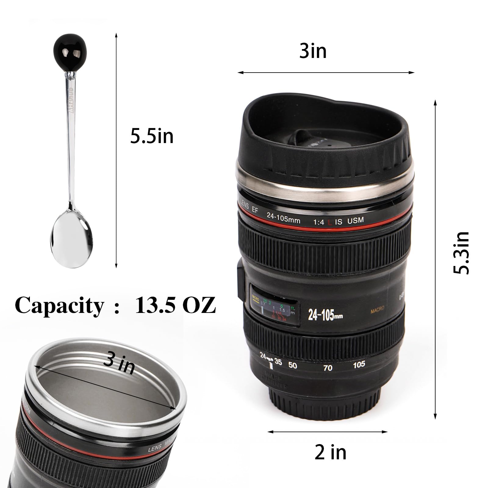 AMZHUB camera lens mug in stainless steel with durable insulation.