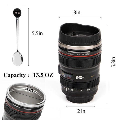 AMZHUB camera lens mug in stainless steel with durable insulation.