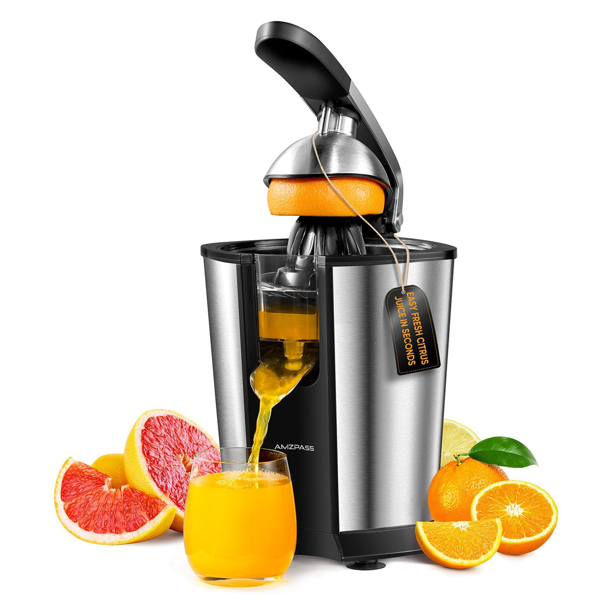 Amzpass electric orange juicer with two cones for quick, even citrus extraction.