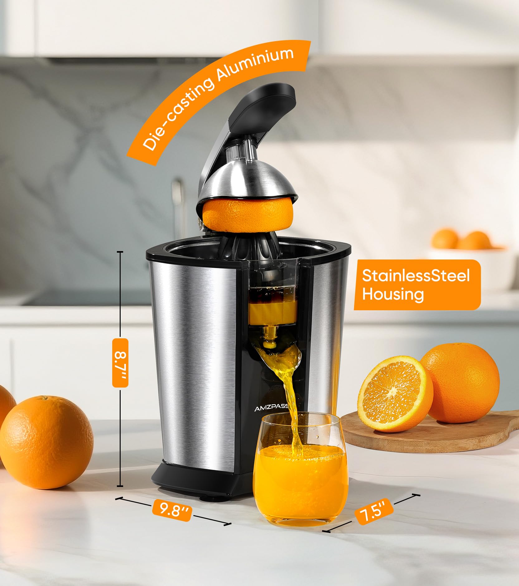 Amzpass modern compact juicer design fits neatly on a counter.