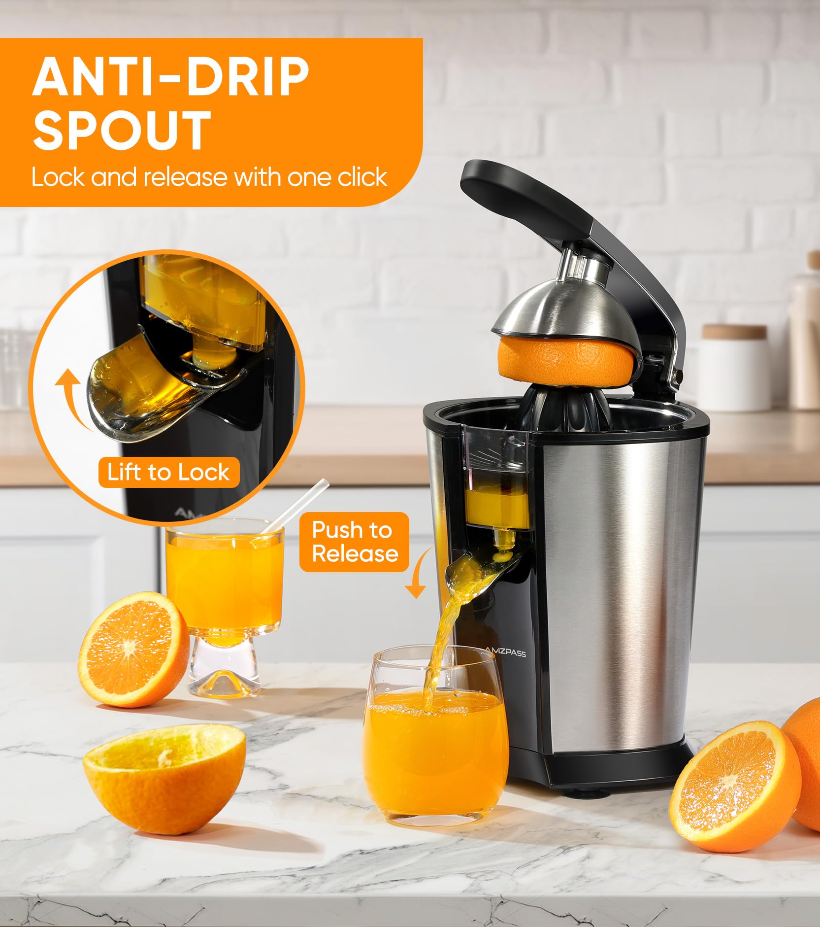 Amzpass quiet juicer operating at 60 dB for a peaceful kitchen.