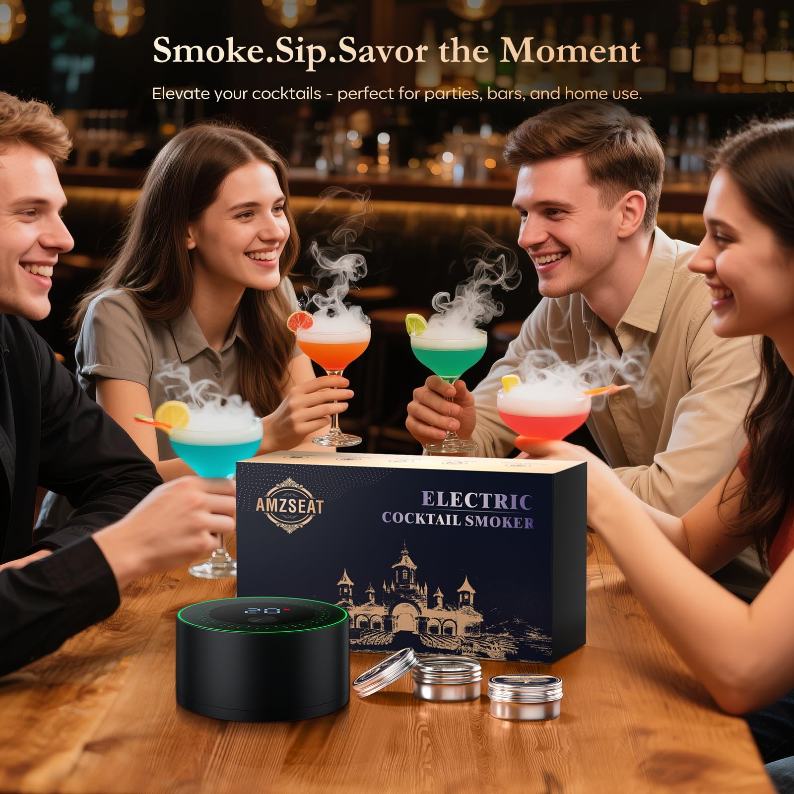 Amzseat rechargeable-battery-powered-smoker demonstrates cordless convenience for home bartenders.