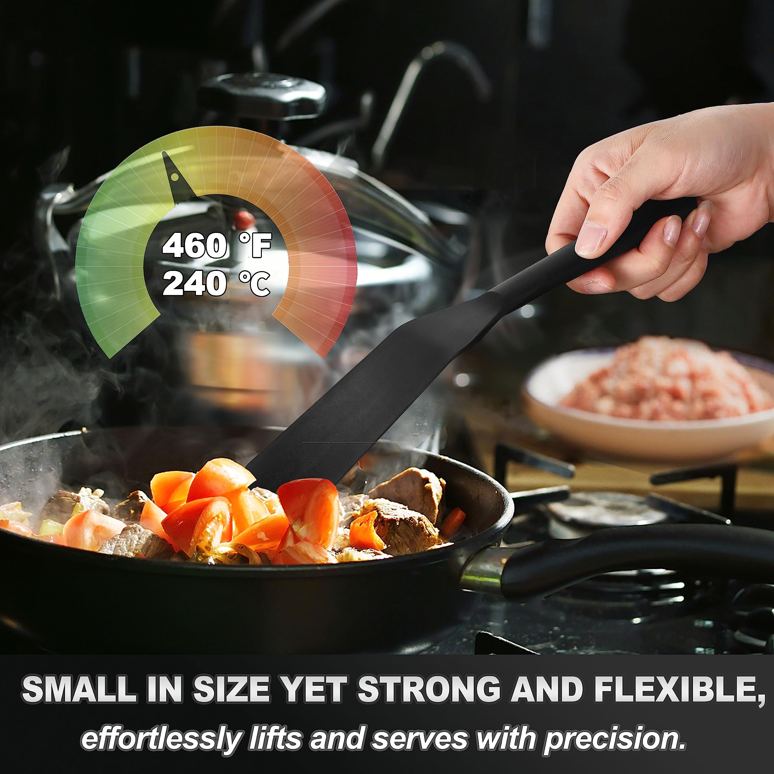 Anaeat beveled-edges spatula slides under delicate foods with ease