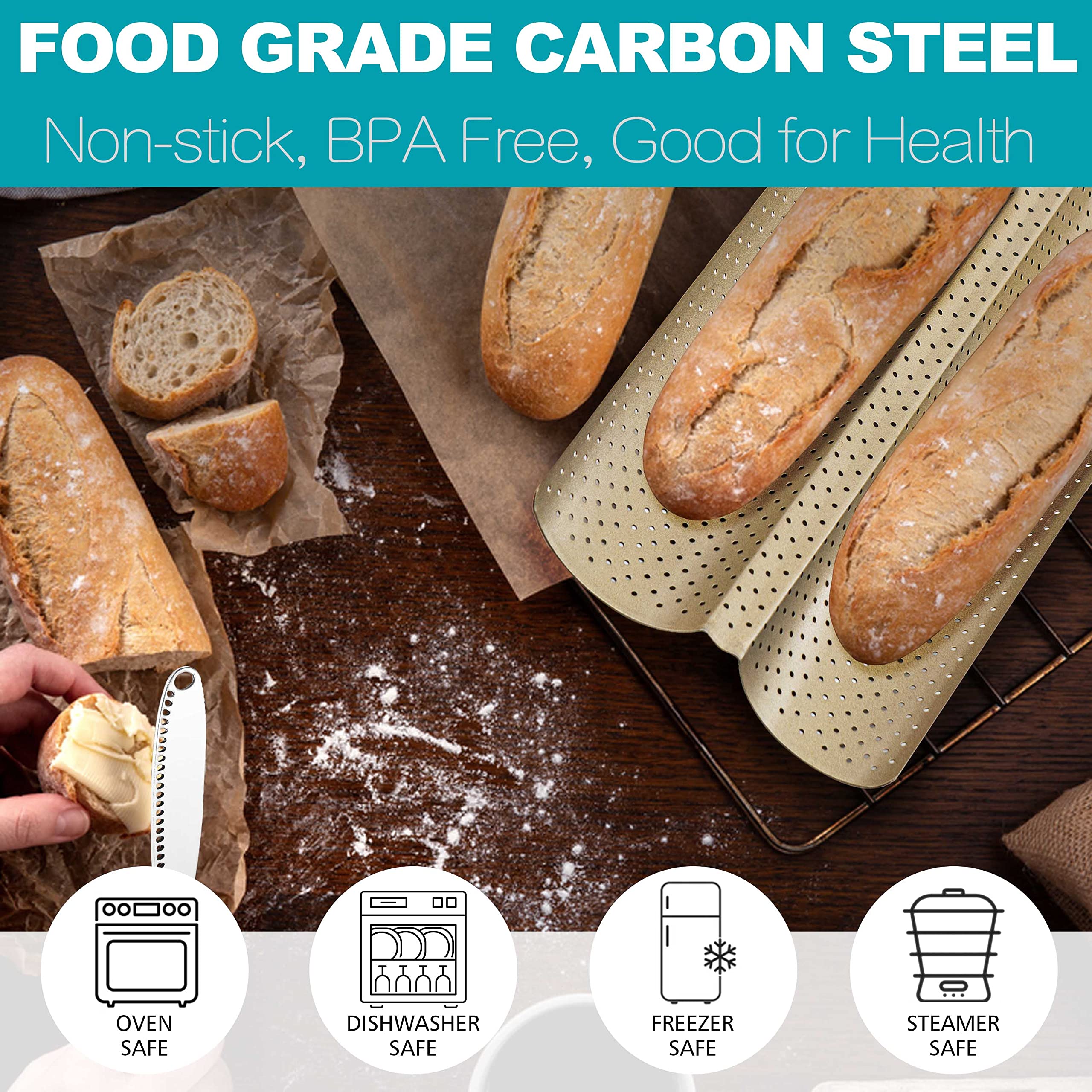 Anaeat baguette pan emphasizing even heat for golden crusts.