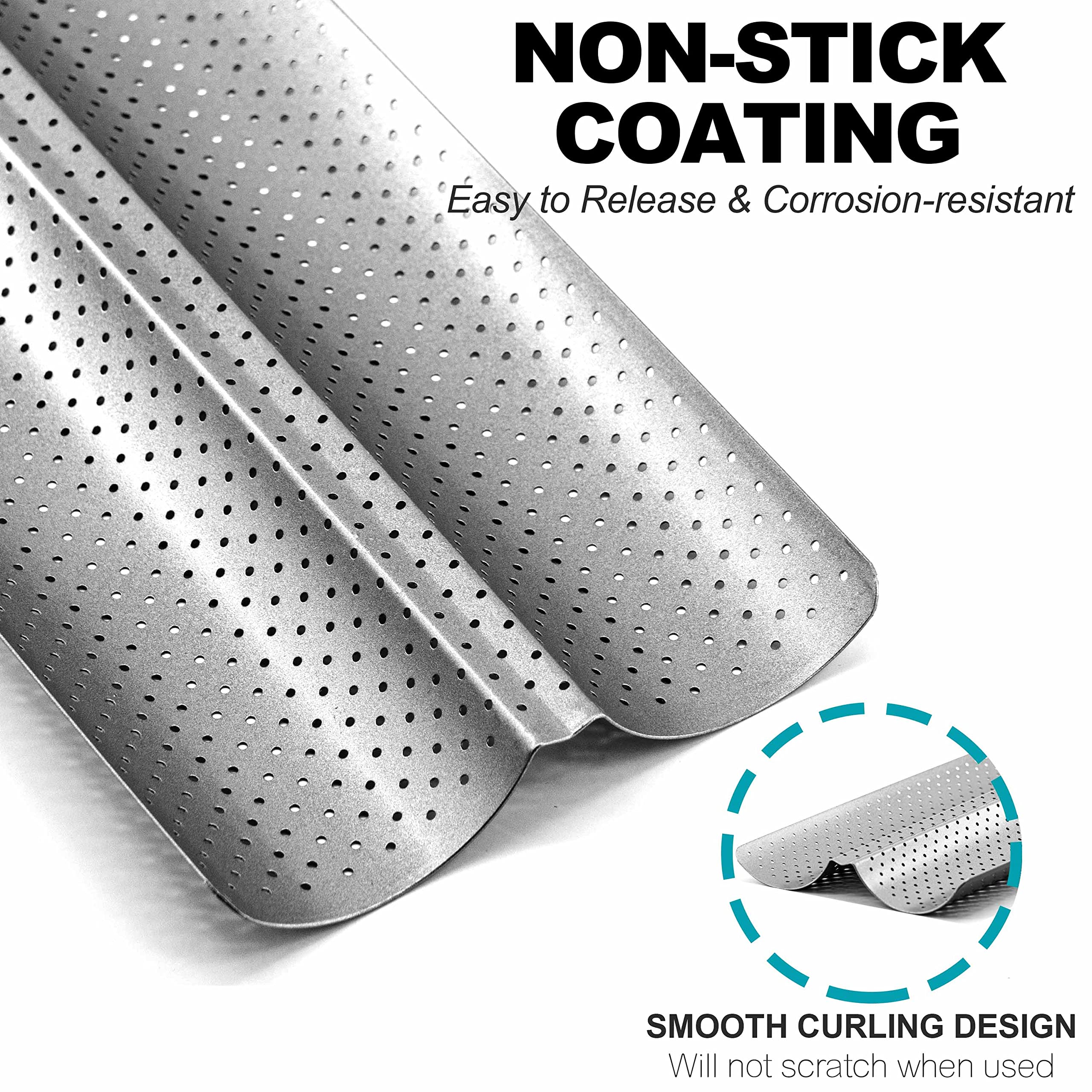 Anaeat perforated design improves airflow for even baguette baking.