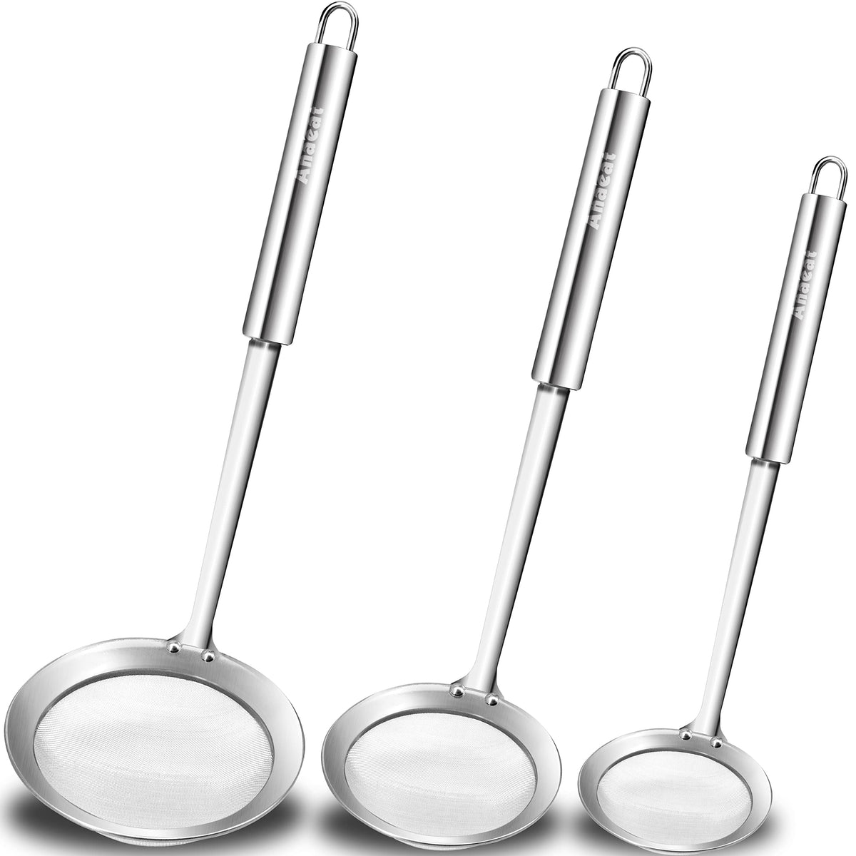 Anaeat fat skimmer spoon with 3-inch fine mesh for frying and draining safely.