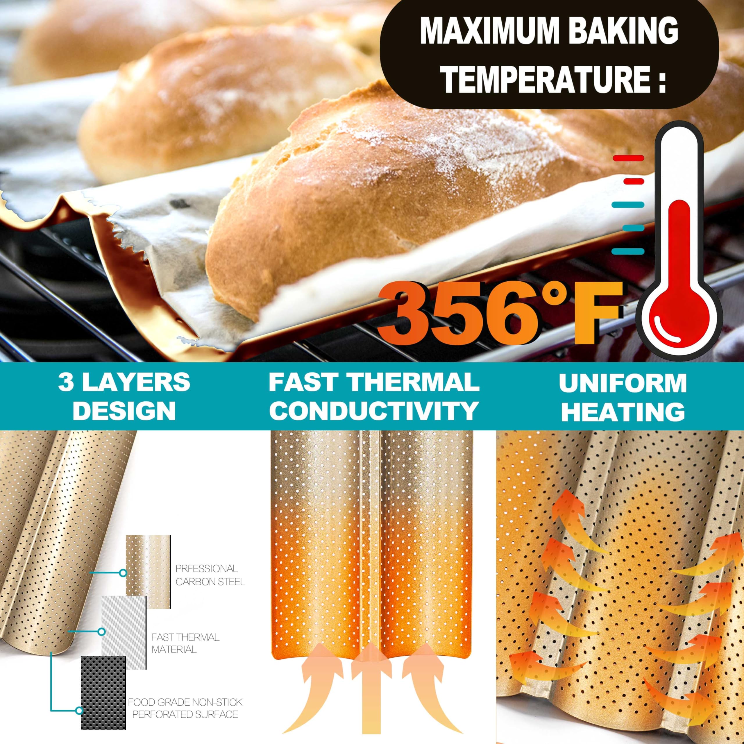 Anaeat oven-safe baguette pan ready for high-heat baking up to 356F.