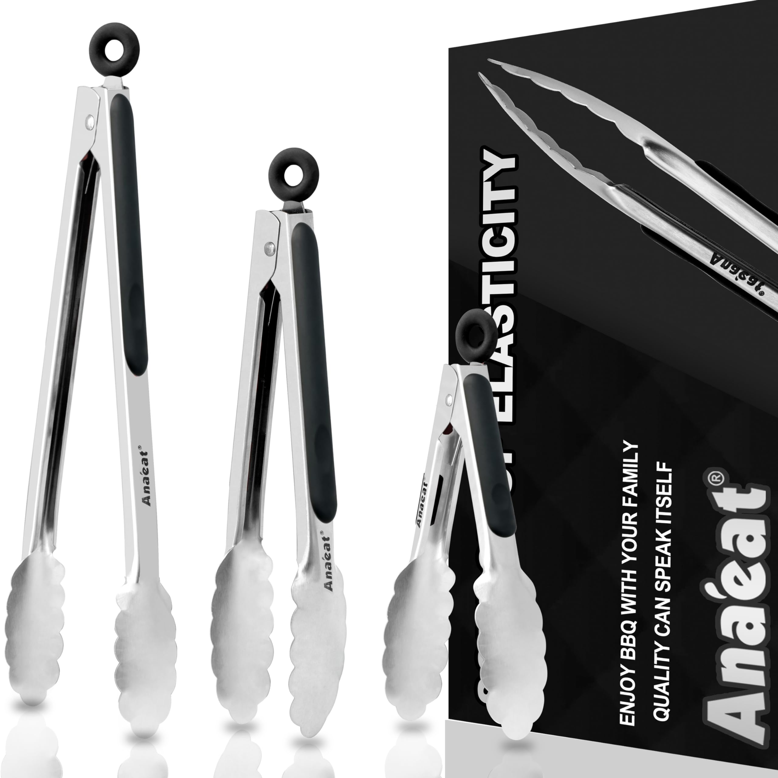 Anaeat premium kitchen locking tongs with long handle for easy lifting and flipping.