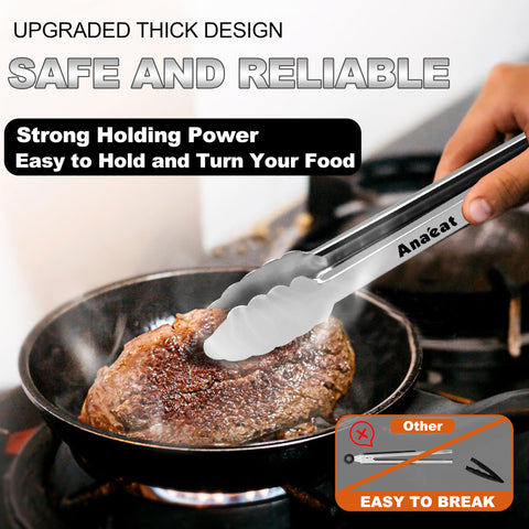 Anaeat tongs feature non-slip silicone grip for cool, secure cooking and grilling.